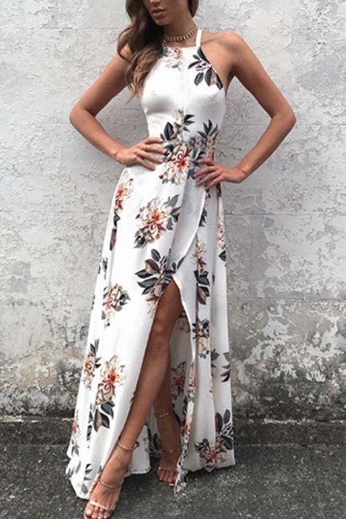Sin mangas de espalda dividida trasera de encaje al azar impresión floral maxi vestido